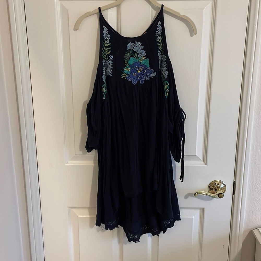 Free People Navy Embroidered Cold-Shoulder Tank